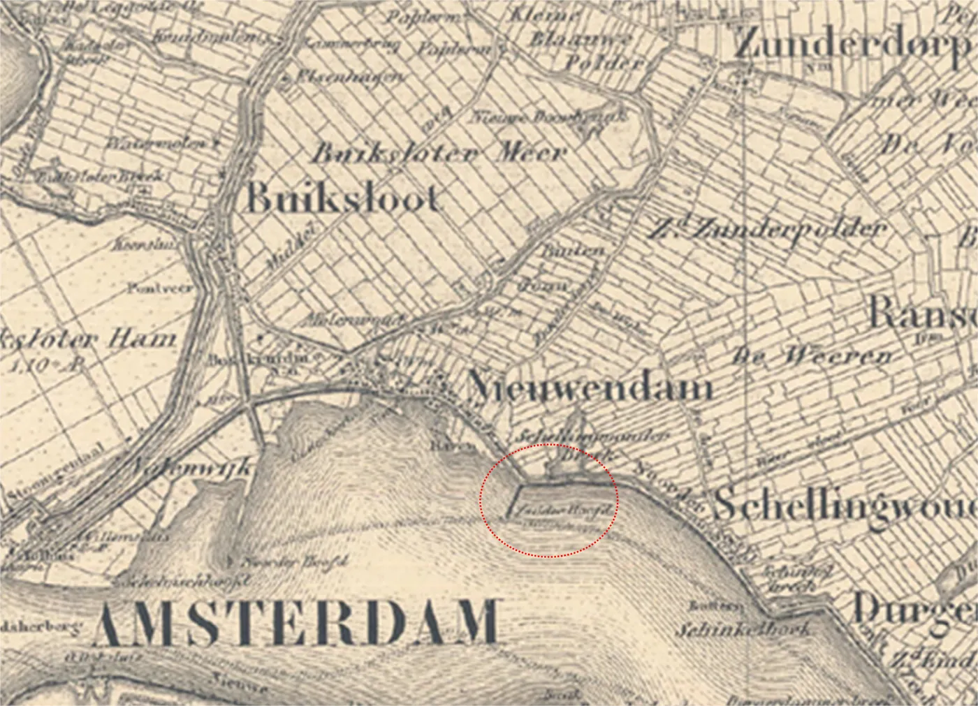 Kaart van Amsterdam-Noord omstreeks 1860: de dorpen Buiksloot, Nieuwendam en Schellingwoude langs de zeedijk, met de plek van het huidige terrein omcirkeld.