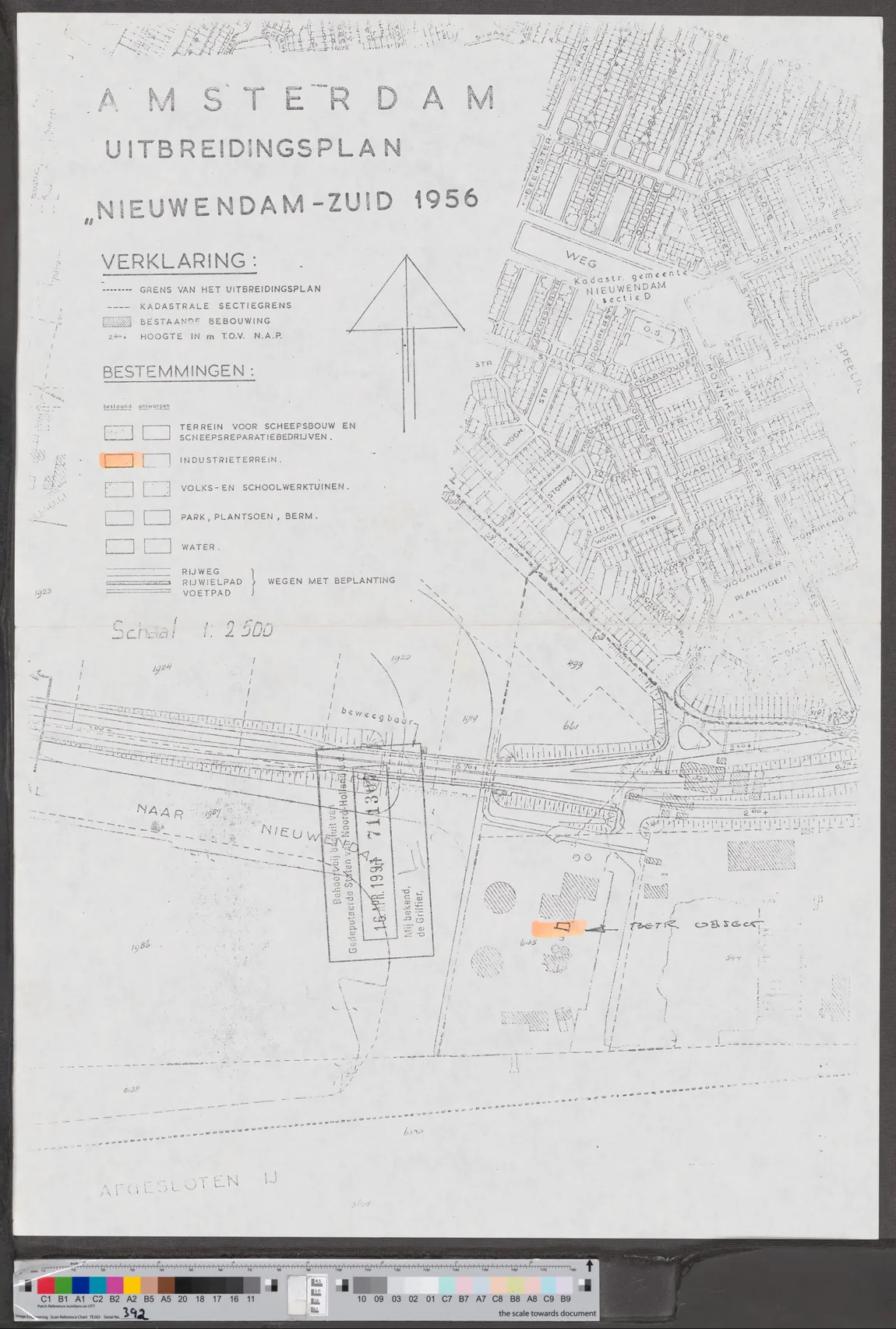 Uitbreidingsplan Nieuwendam-Zuid, 1956: de kadastrale kaart met het Gembo-terrein als industrieterrein gemarkeerd.