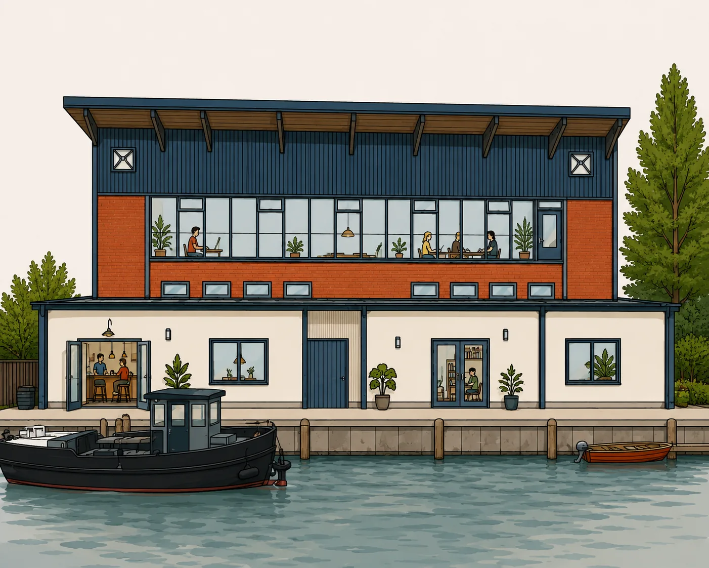 Het gebouw vanaf het water: de kade met een boot, en de hal met de glasstrook erboven.